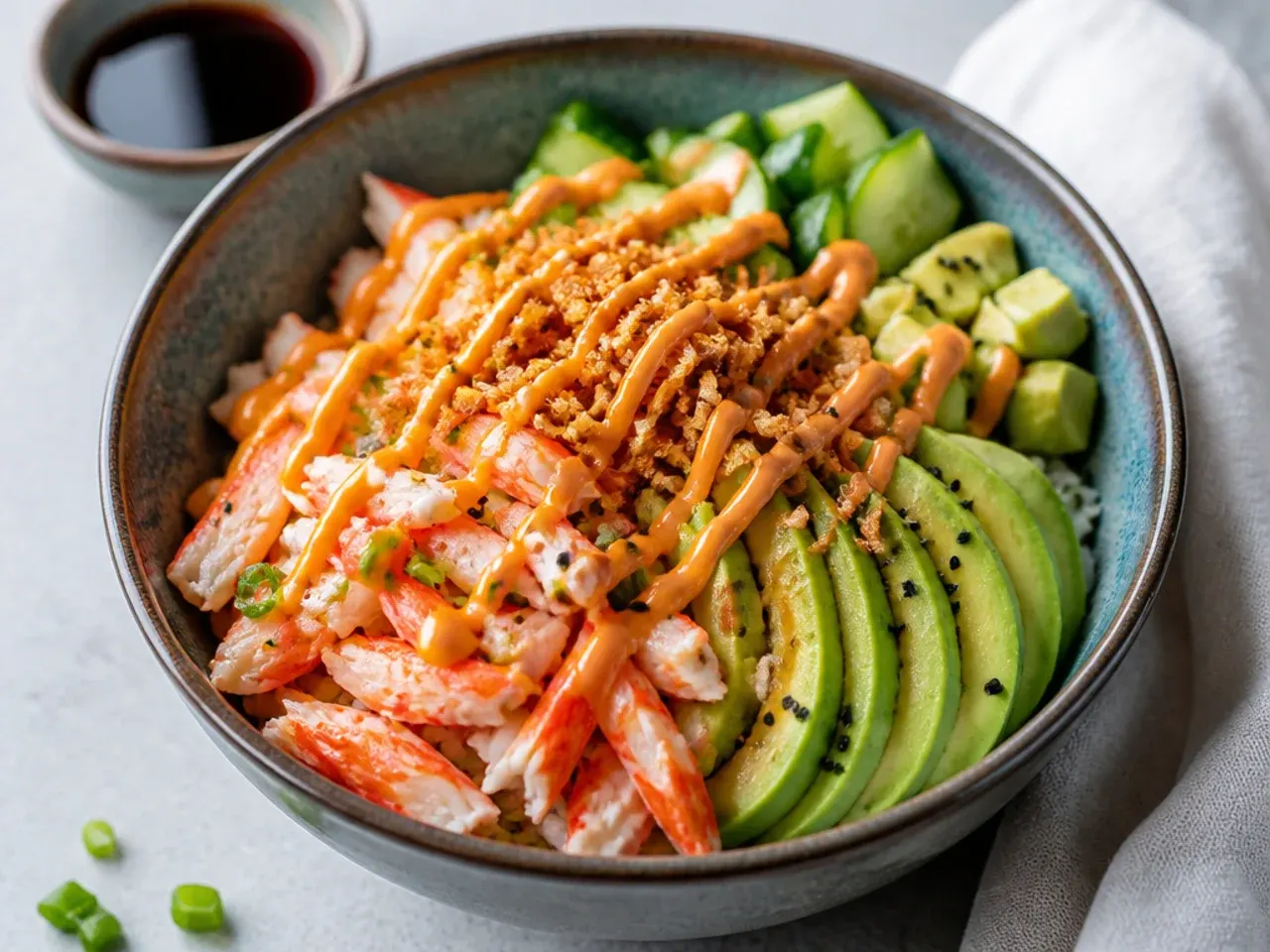 Festive firecracker California sushi bowl with gochujang mayo and crispy shallots