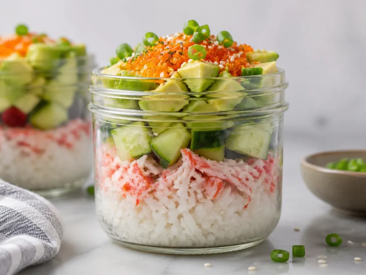 Whimsical California sushi bowl meal-prep jars layered with rice, crab, and cucumber