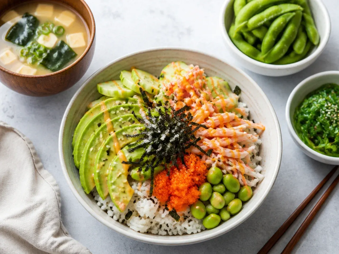 California sushi bowl served with miso soup, edamame, and seaweed salad on the side