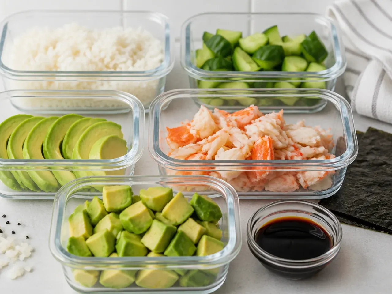 Storing California sushi bowl components in airtight containers for meal prep