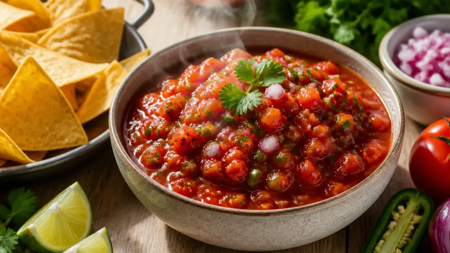 Overhead shot of chunky red canned tomato salsa in a glass bowl, garnished with fresh cilantro and lime wedges, surrounded by tortilla chips.