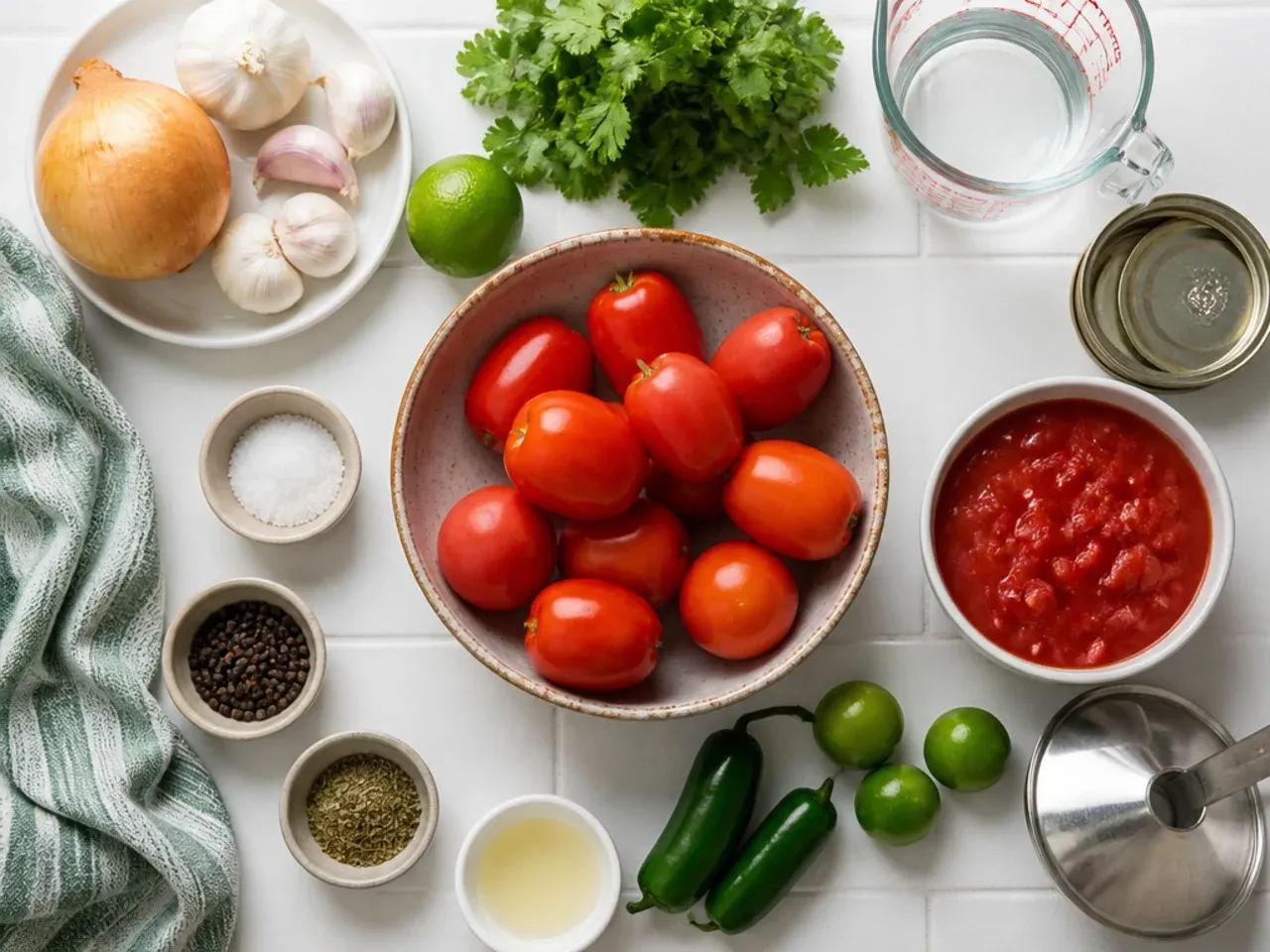 Close-up of a food processor bowl filled with finely minced onion, garlic, jalapeño, and cilantro before the tomatoes are added.