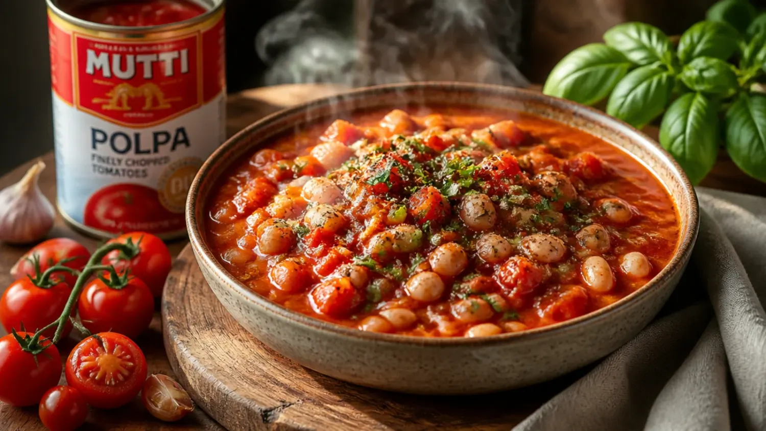 A pot of rich, glossy homemade tomato sauce made from canned tomatoes, simmering gently with fresh basil leaves scattered on top