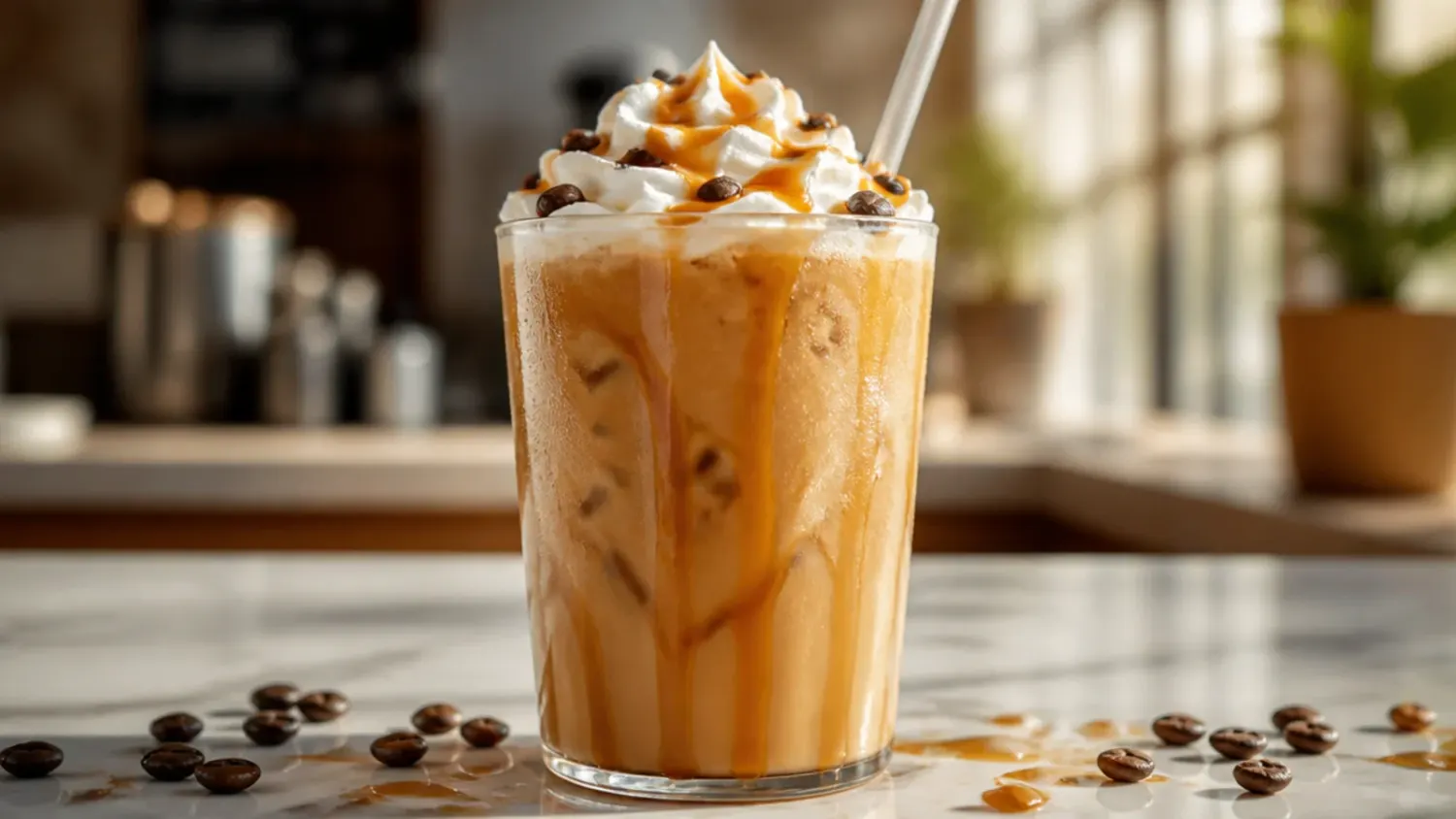 A tall glass of iced caramel latte with caramel drizzle and whipped cream, surrounded by smaller caramel Starbucks-style copycat drinks on a wooden table