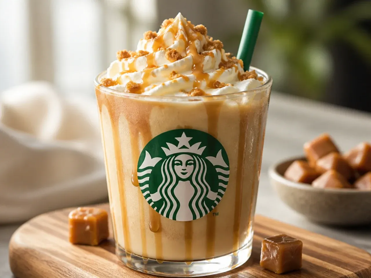 Overhead shot of several caramel coffee drinks in glasses lined up on a marble counter