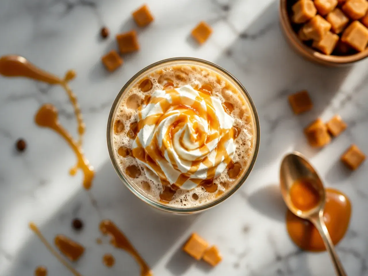 Iced caramel macchiato in a tall glass with layered milk, espresso and caramel drizzle