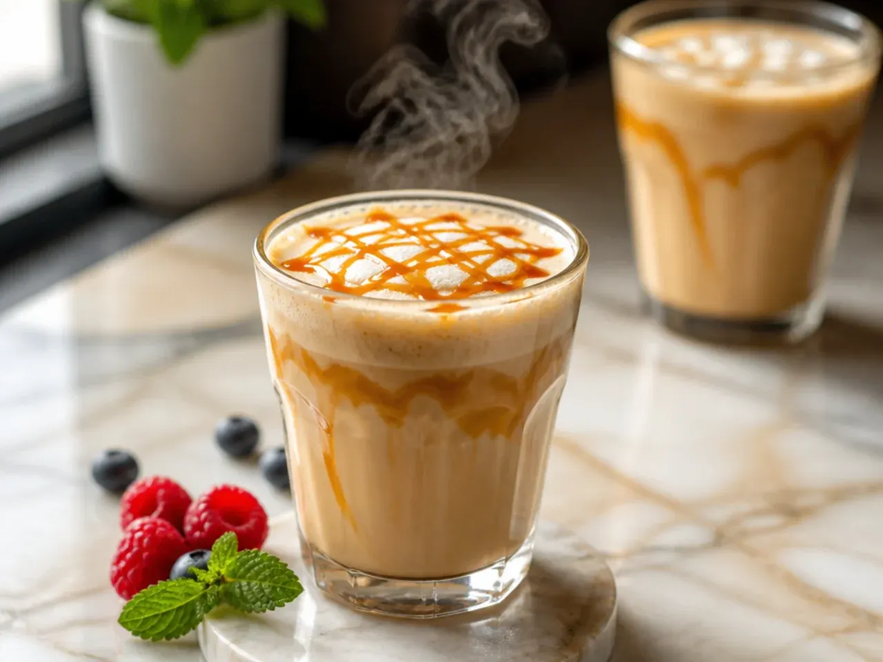 Hot caramel latte in a white mug with steamed milk foam and caramel drizzle on top