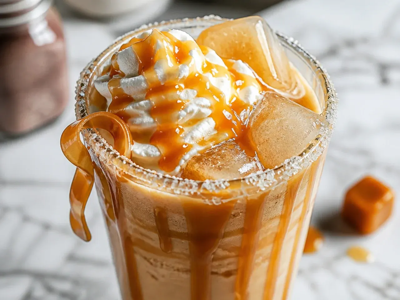Blended caramel frappuccino in a glass with caramel drizzle around the rim and whipped cream on top