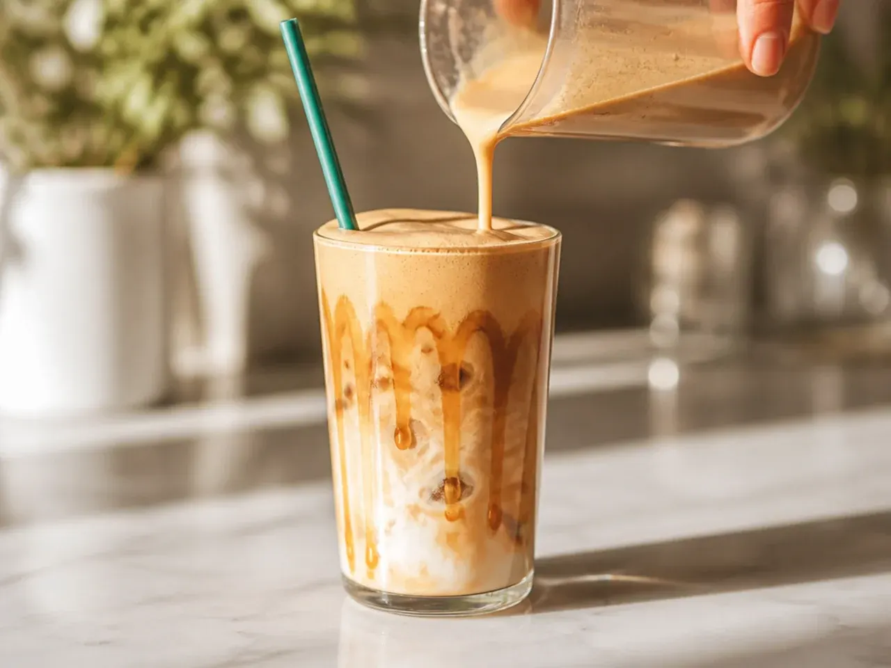 Iced latte topped with a thick layer of caramel cold foam and caramel drizzle