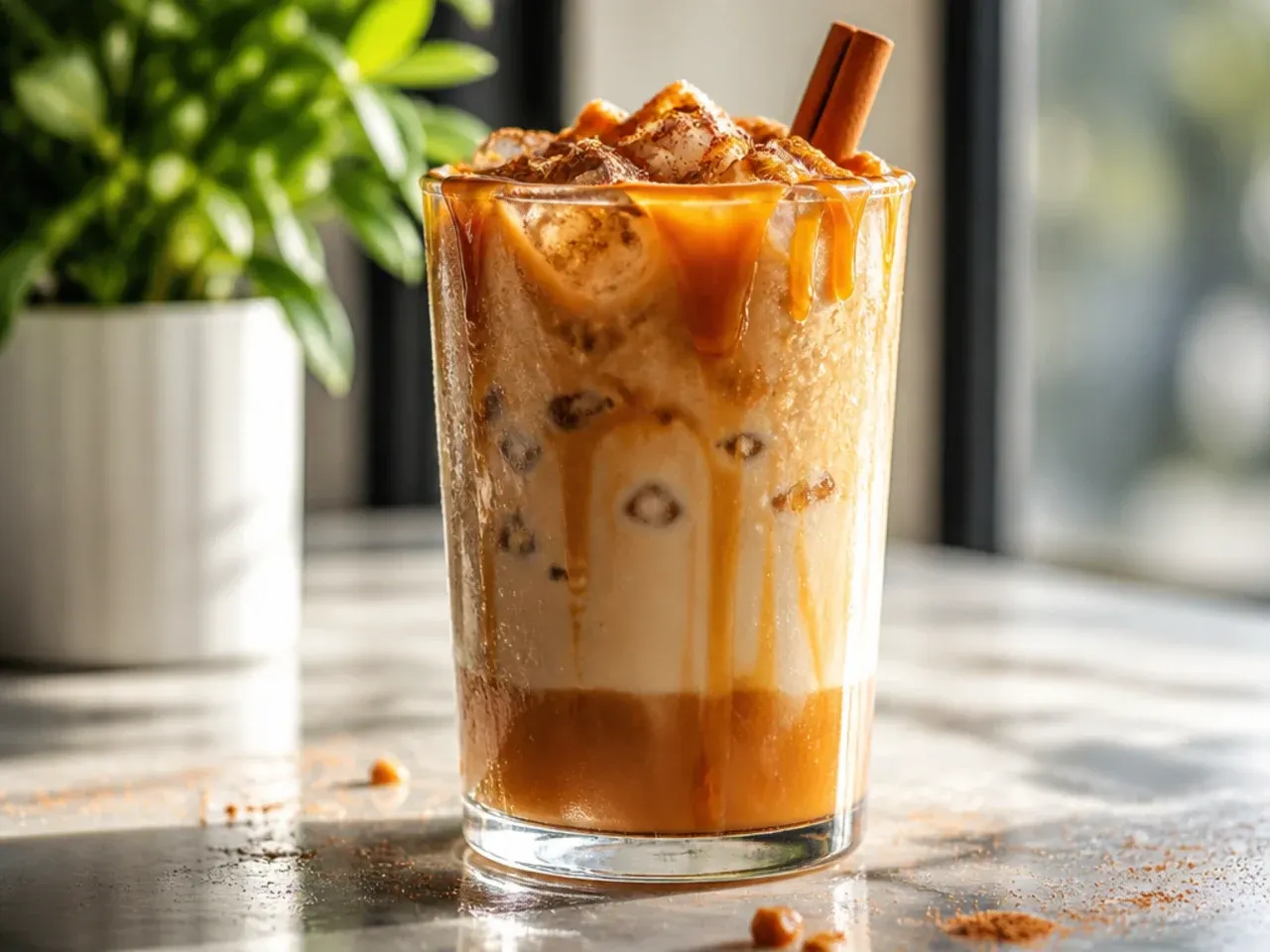 Glass of caramel cold brew with a caramel ribbon swirled through and crunchy toffee topping