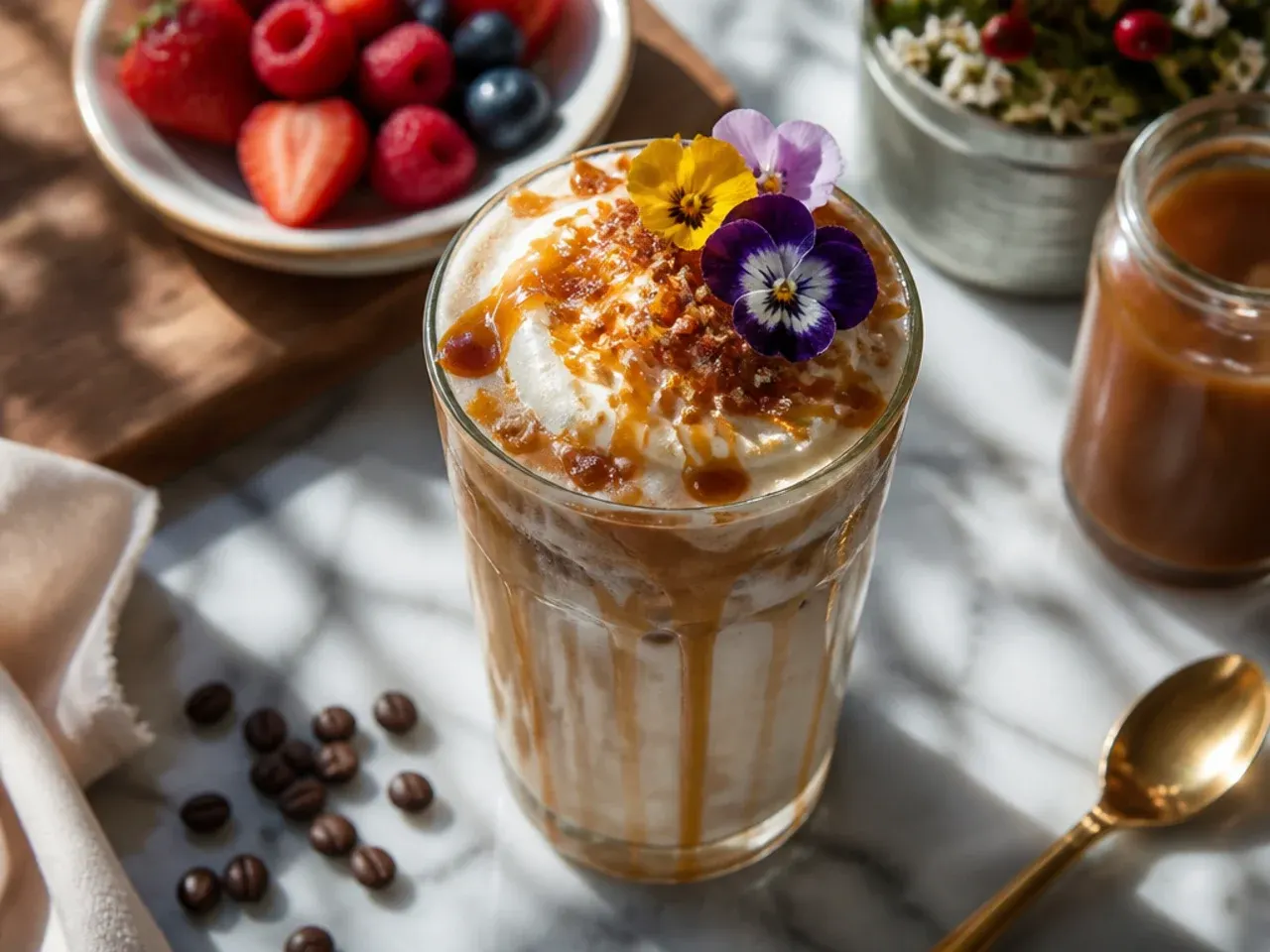 Hot caramel brulee latte in a mug topped with whipped cream and caramel sugar crunch