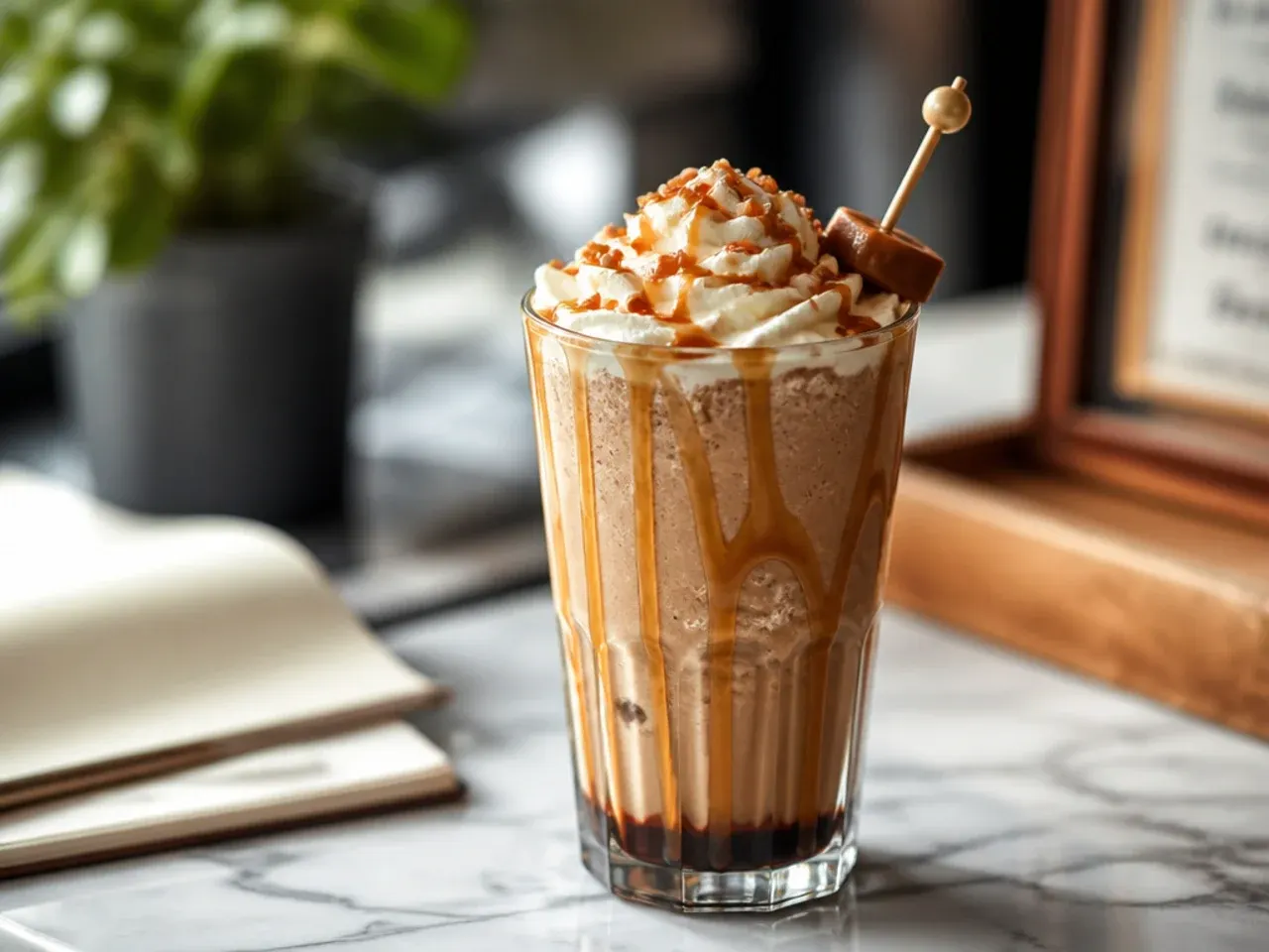 Salted caramel mocha in a mug with chocolate and caramel drizzle and a sprinkle of sea salt