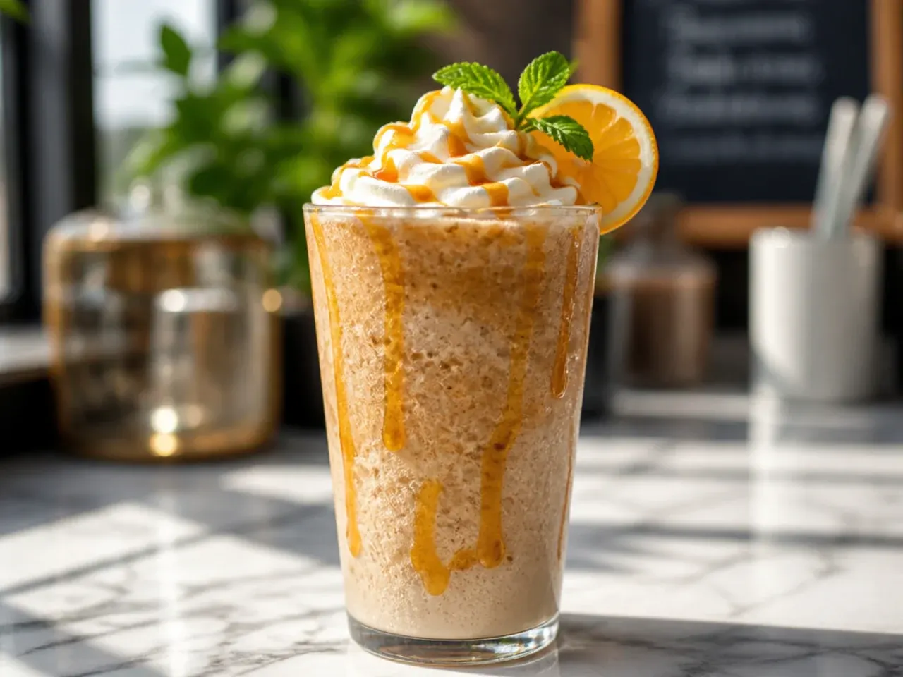 Extra thick frozen caramel frappuccino in a glass with a straw standing upright