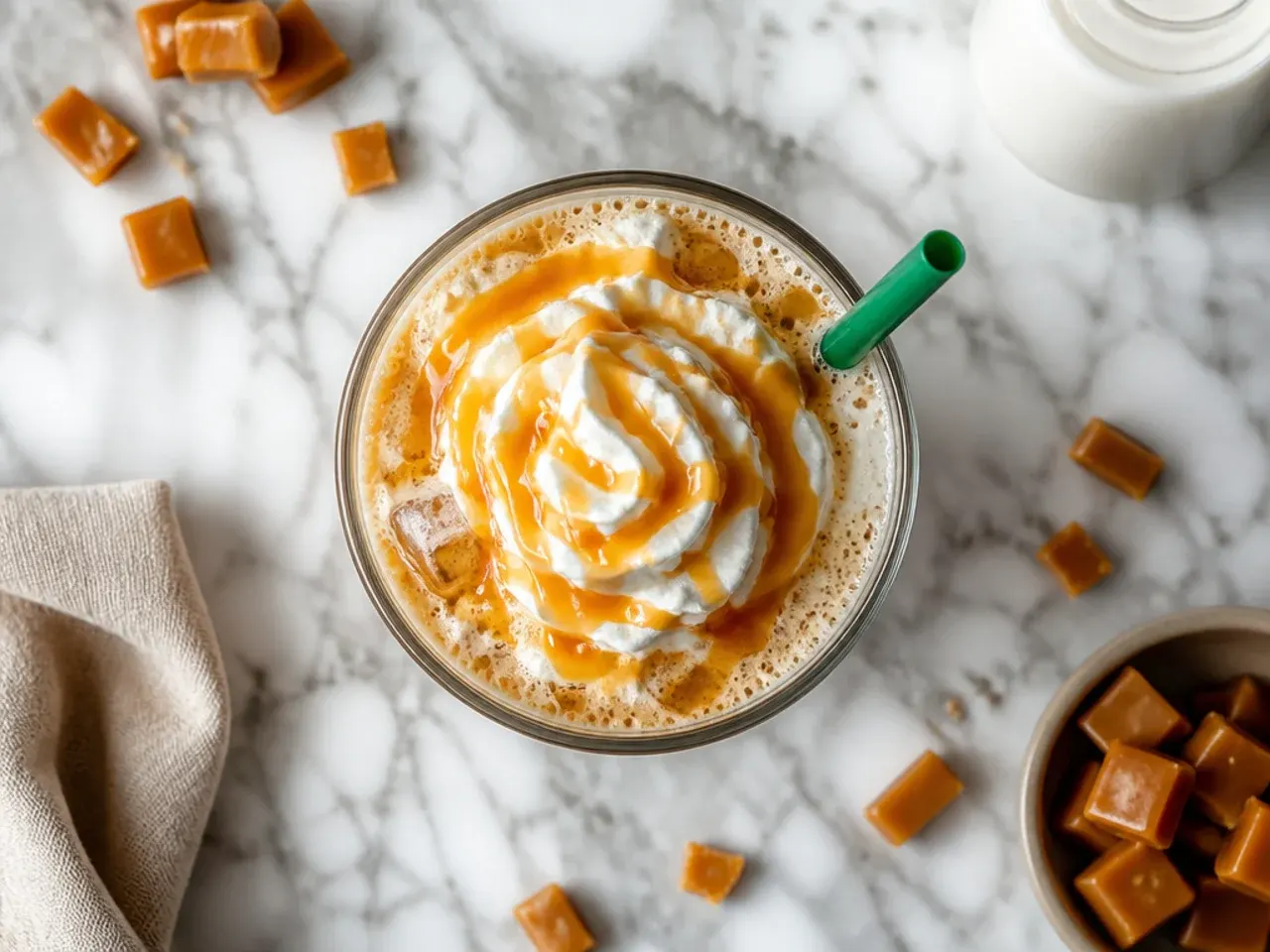 Quick caramel latte made with instant espresso in a simple glass mug