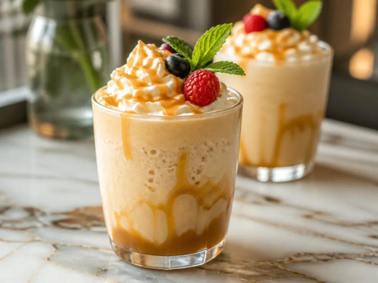 Caffeine-free caramel cream frappuccino blended smooth in a tall glass with whipped cream