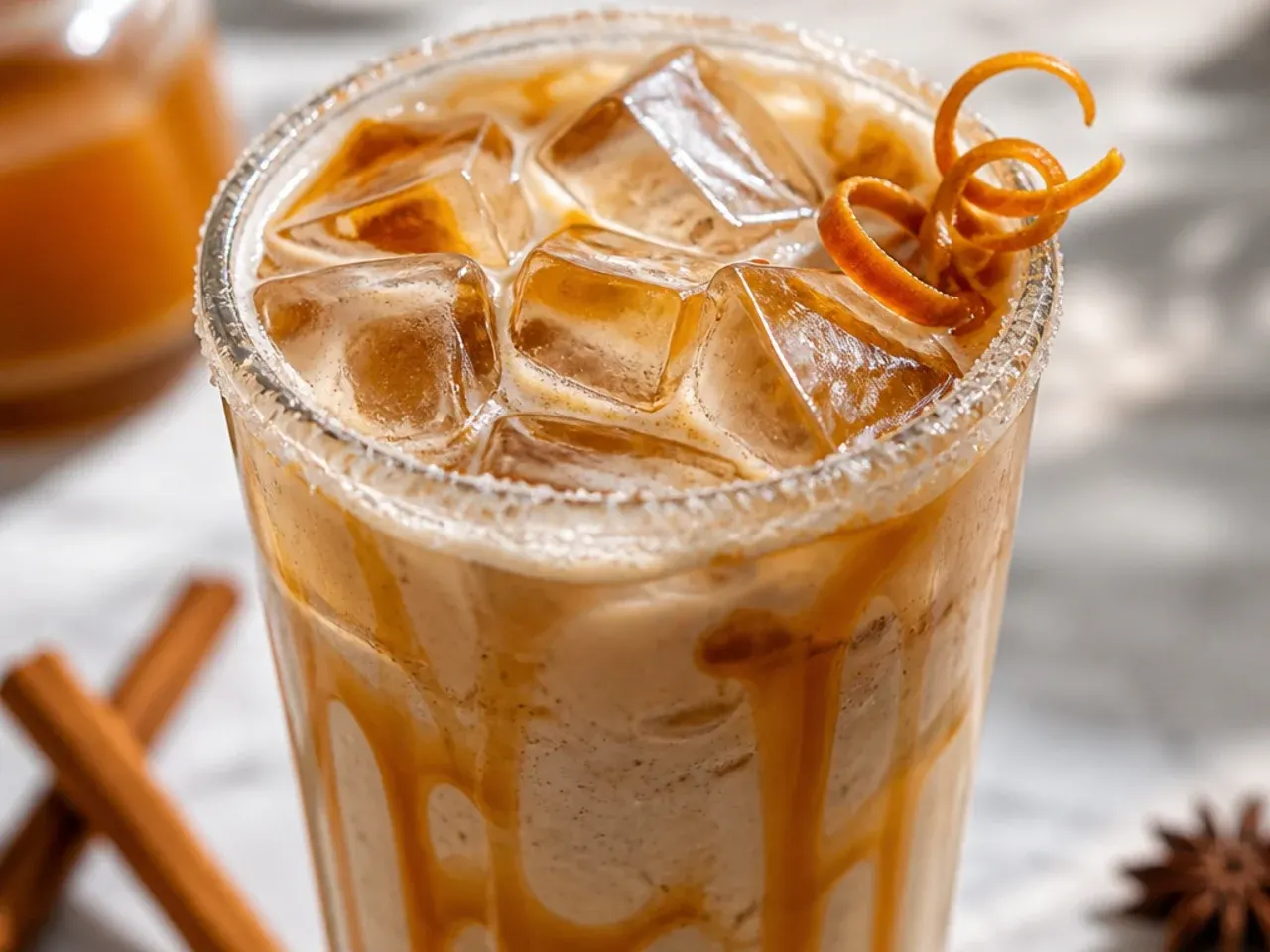 Spiced caramel chai latte in a mug dusted with cinnamon