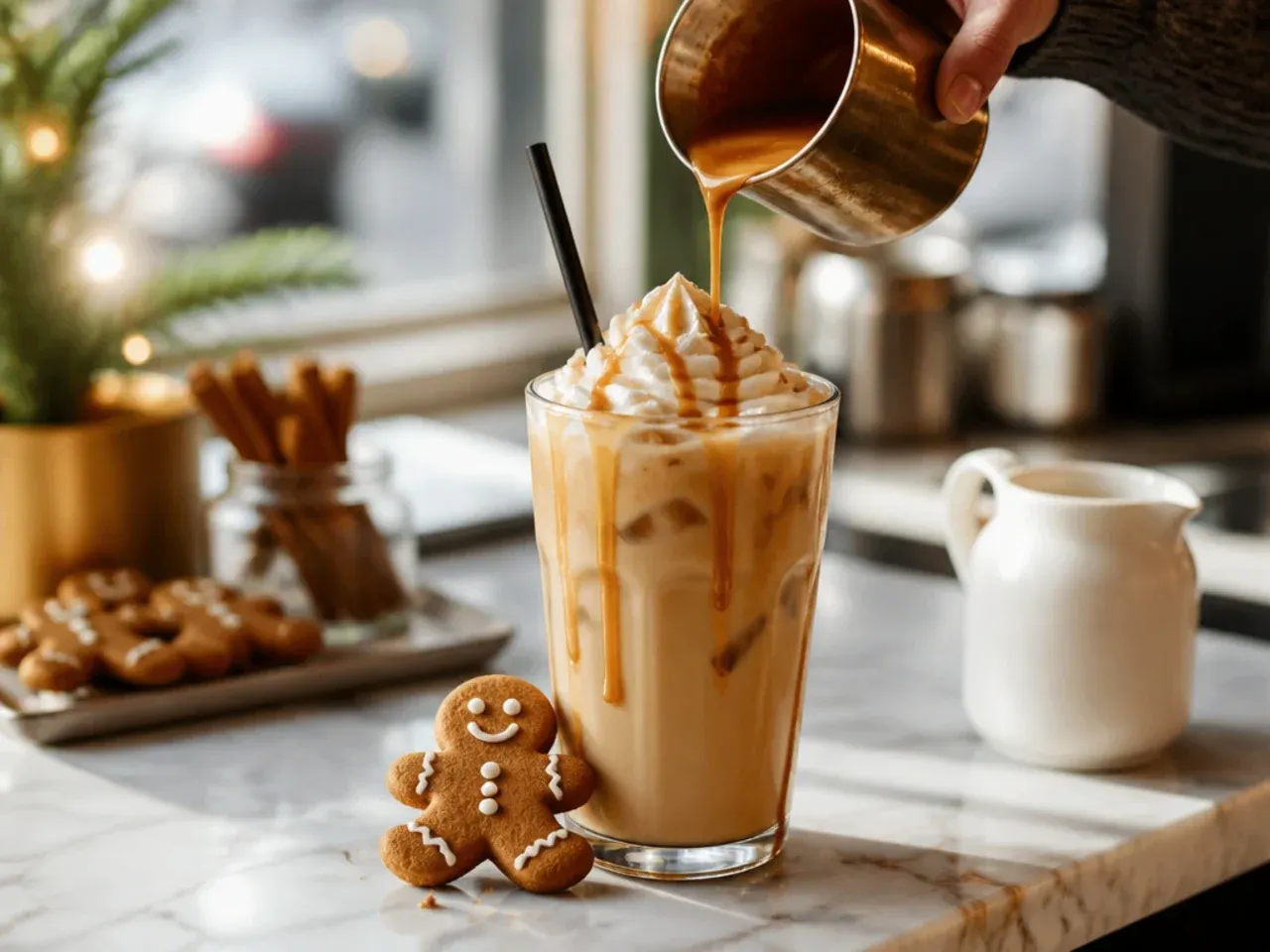 Festive caramel gingerbread latte in a mug with whipped cream and a dusting of spice