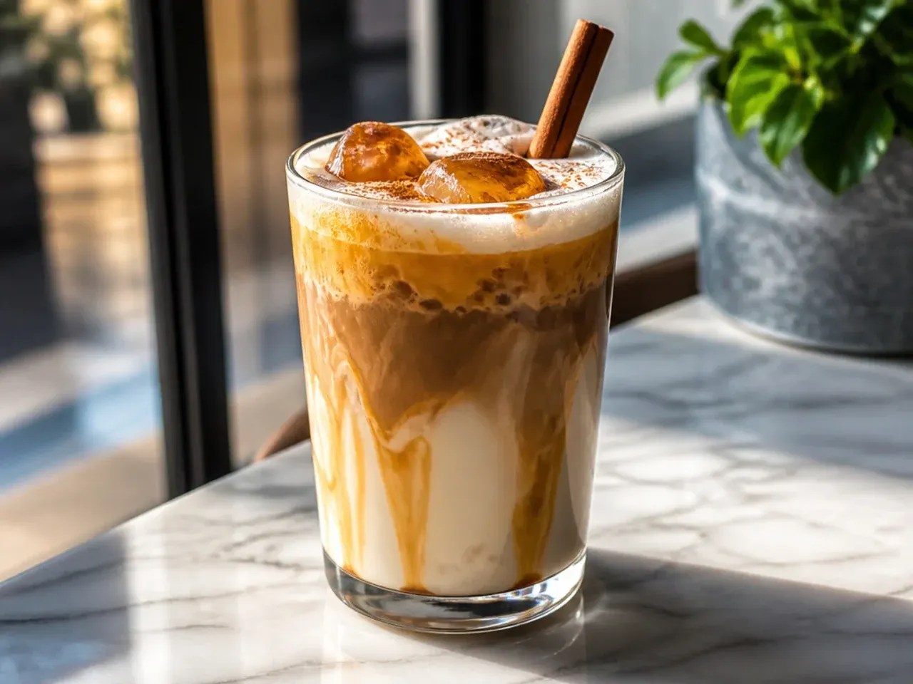 Close up of a layered caramel macchiato showing distinct milk and espresso layers