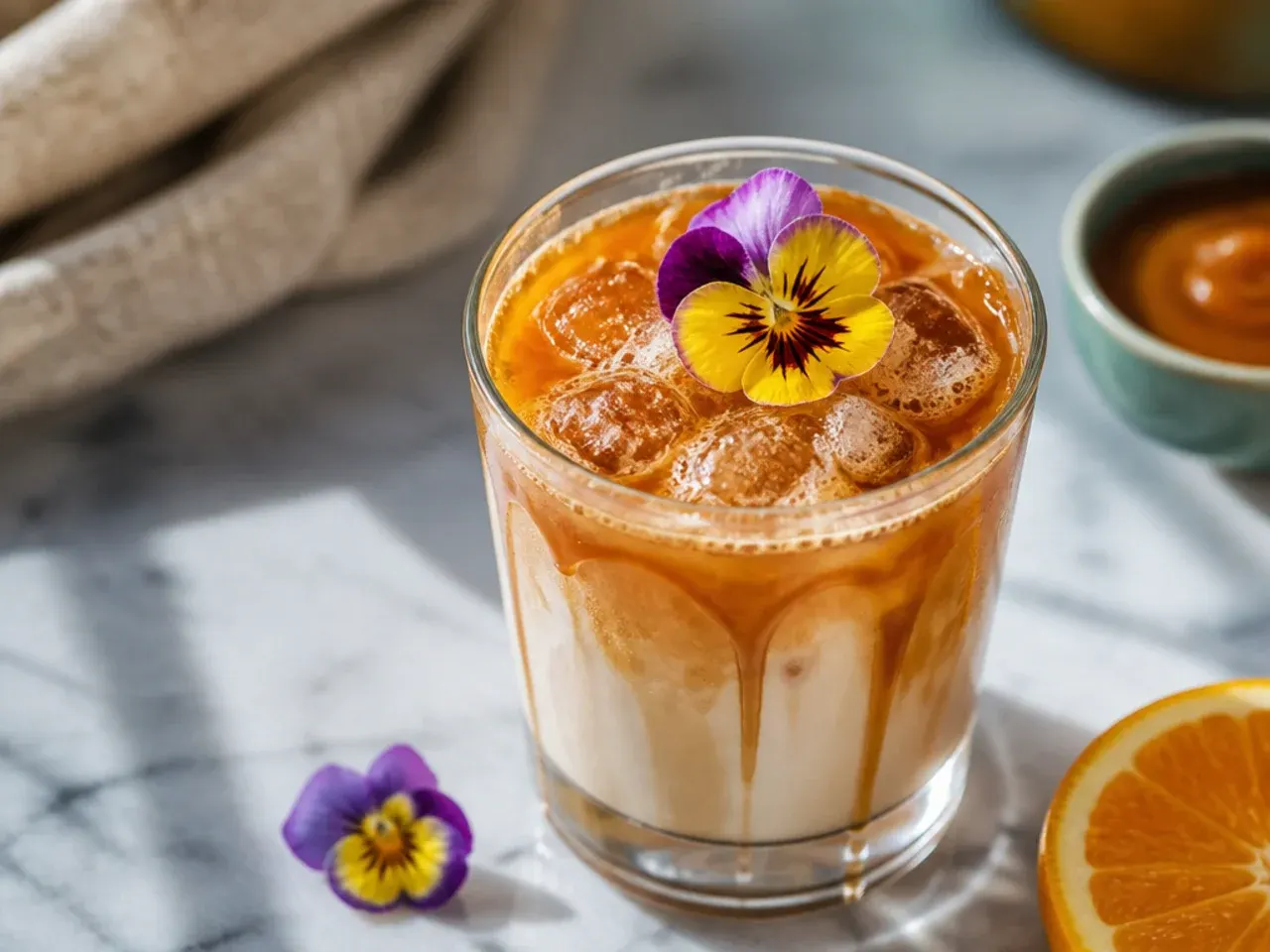 Small glass of bold caramel cortado with a thin layer of milk over strong espresso