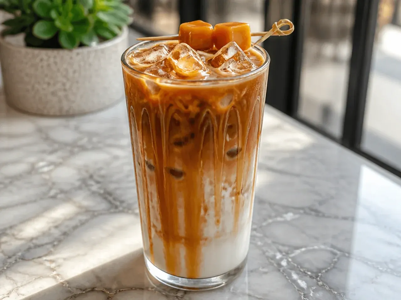Smooth caramel cold brew in a tall glass with milk swirled through over ice