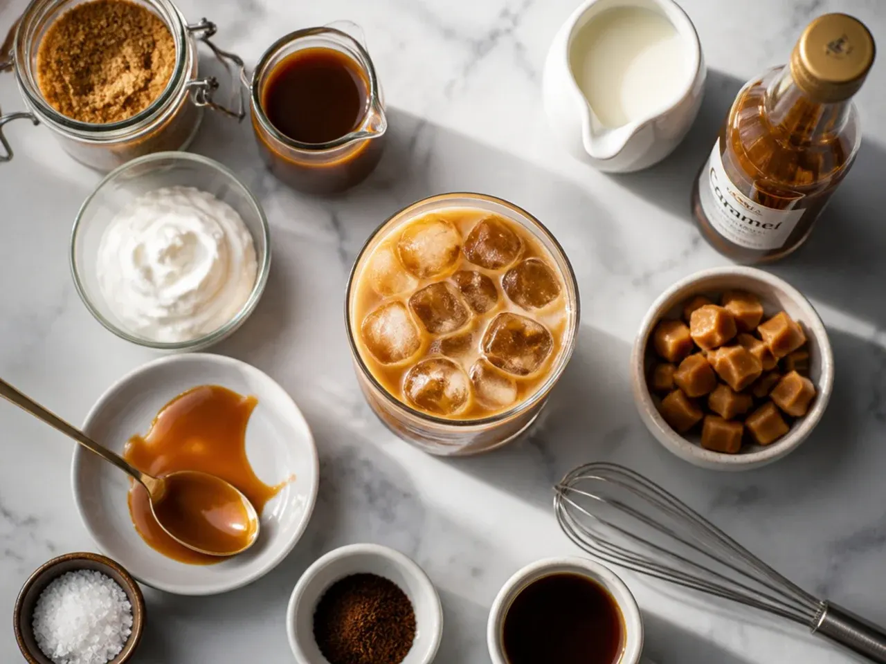 Barista tools including a milk frother, espresso shots and caramel sauce being drizzled into a glass