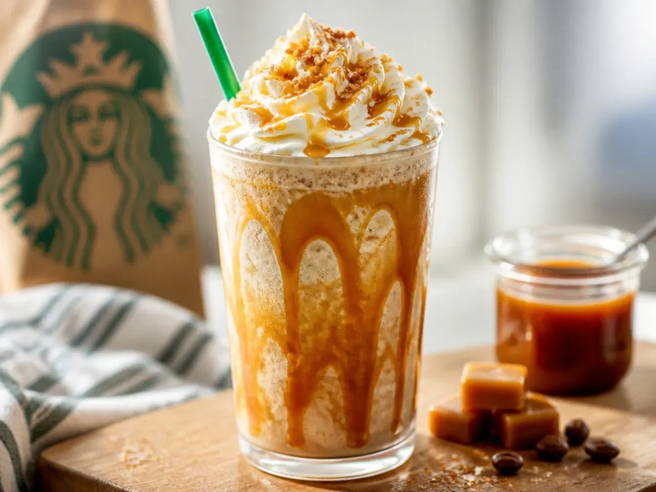 Finished caramel drinks garnished with whipped cream, caramel drizzle and toffee crumbs