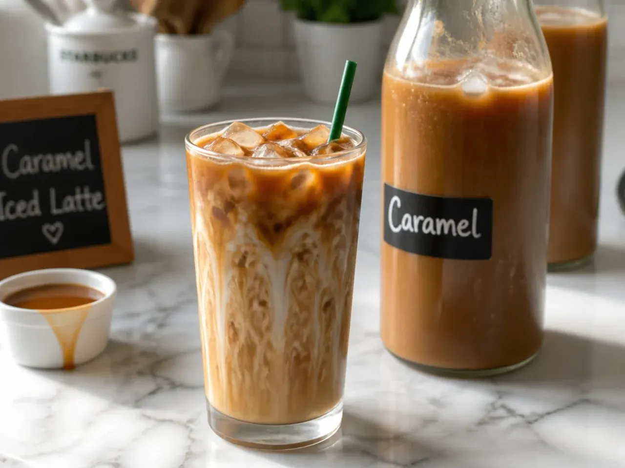 Jars of homemade caramel syrup and a pitcher of cold brew concentrate stored in the fridge
