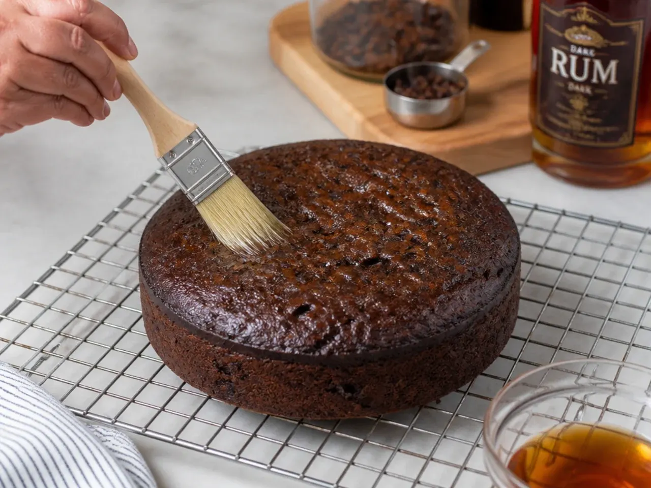 caribbean black cake — step 7: bake, brush with rum and rest
