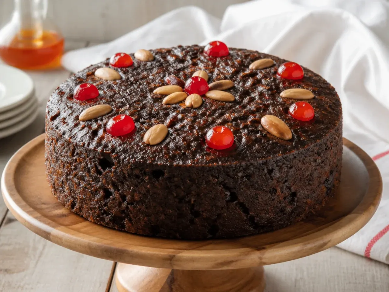 Classic Trinidad-style Caribbean black cake on a wooden cake stand