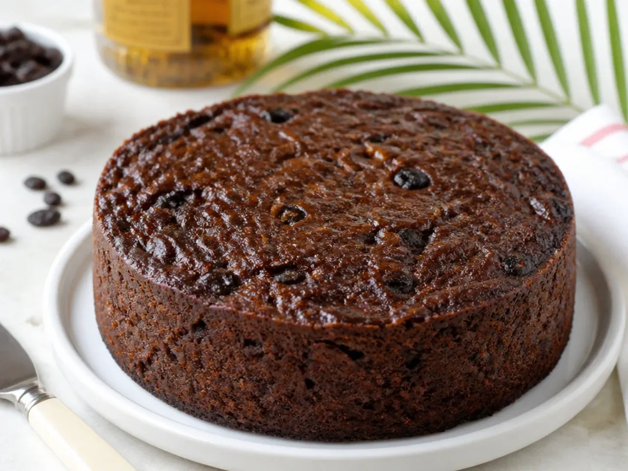 Quick-soak Caribbean black cake made with simmered rum-soaked fruit