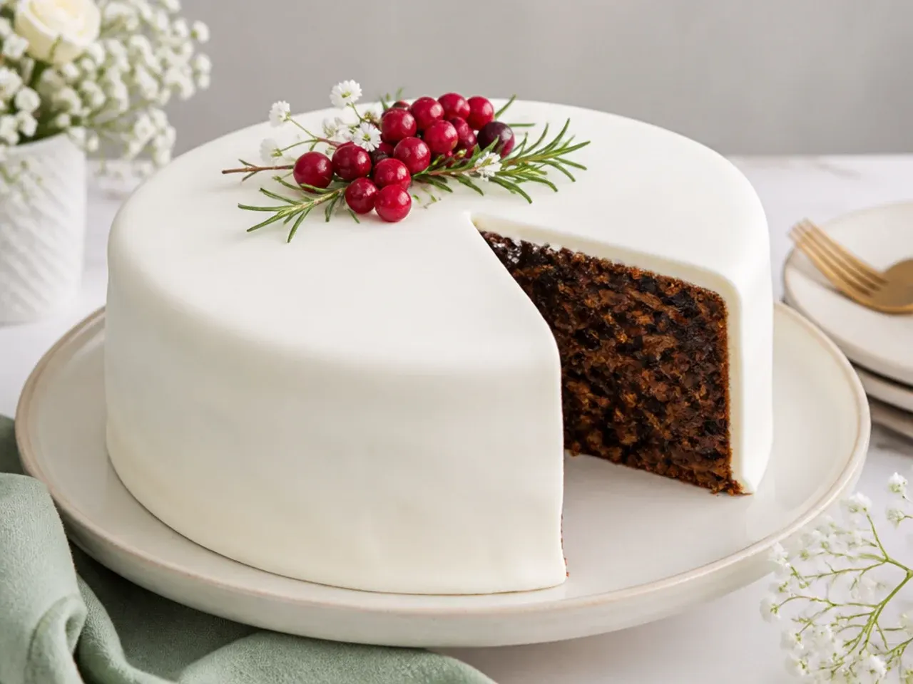 Caribbean black wedding cake covered in smooth white royal icing