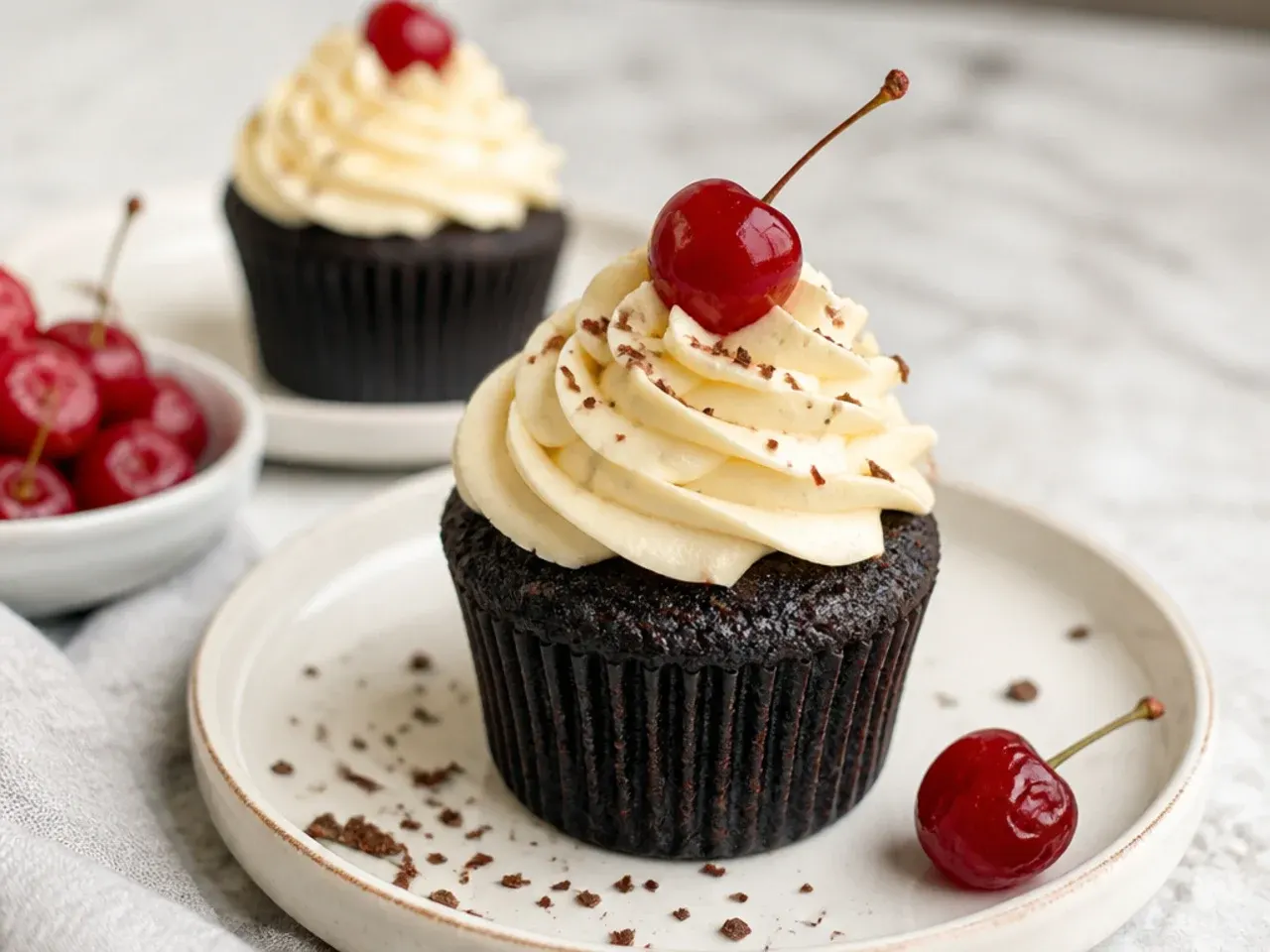 Black cake cupcakes topped with rum buttercream swirls and cherries