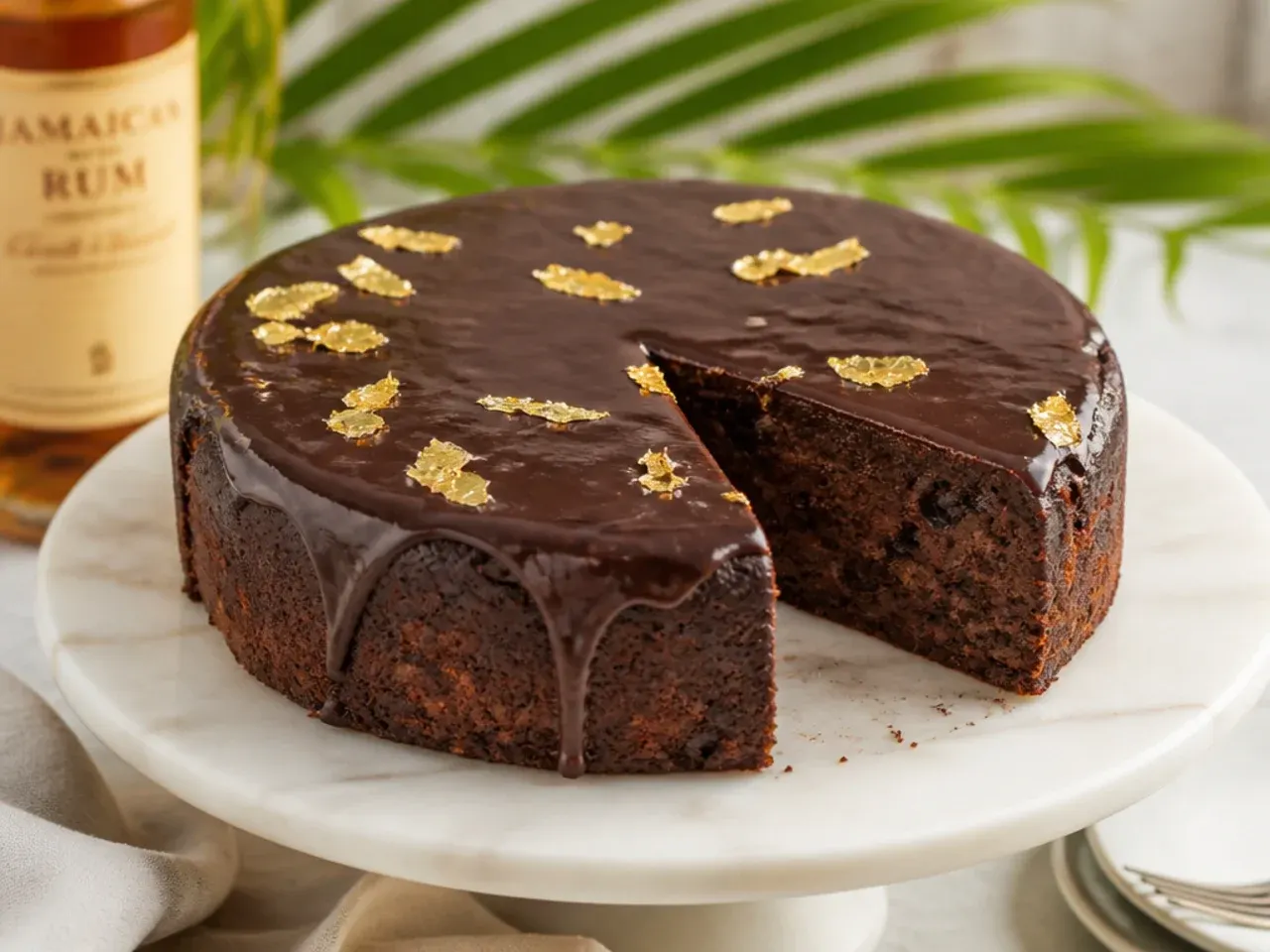 Caribbean rum cake glazed with dark chocolate ganache and gold leaf