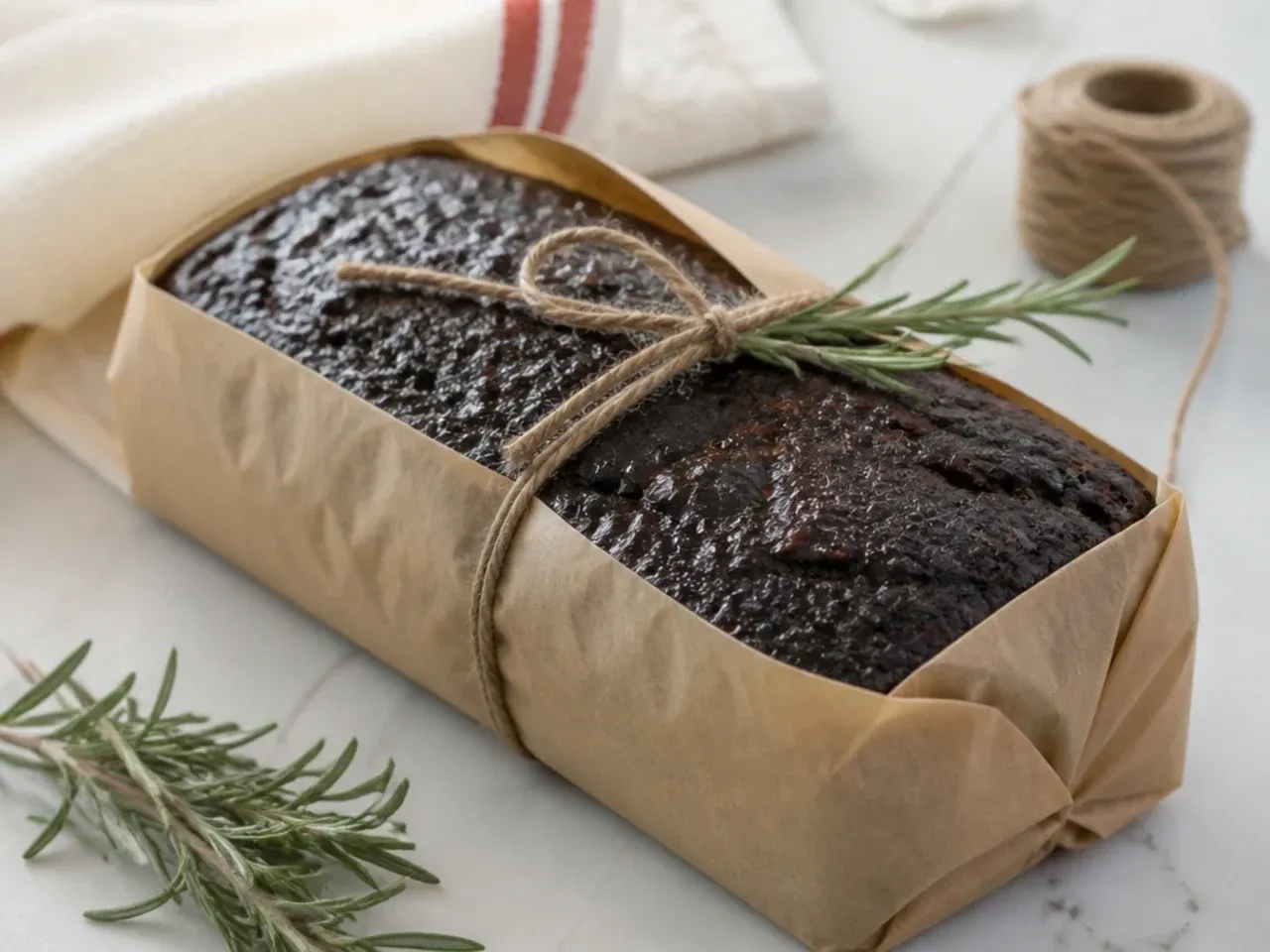 Rustic black cake loaves wrapped in parchment and twine for gifting