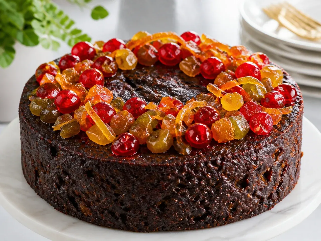 Caribbean black fruit cake topped with glazed cherries and candied citrus