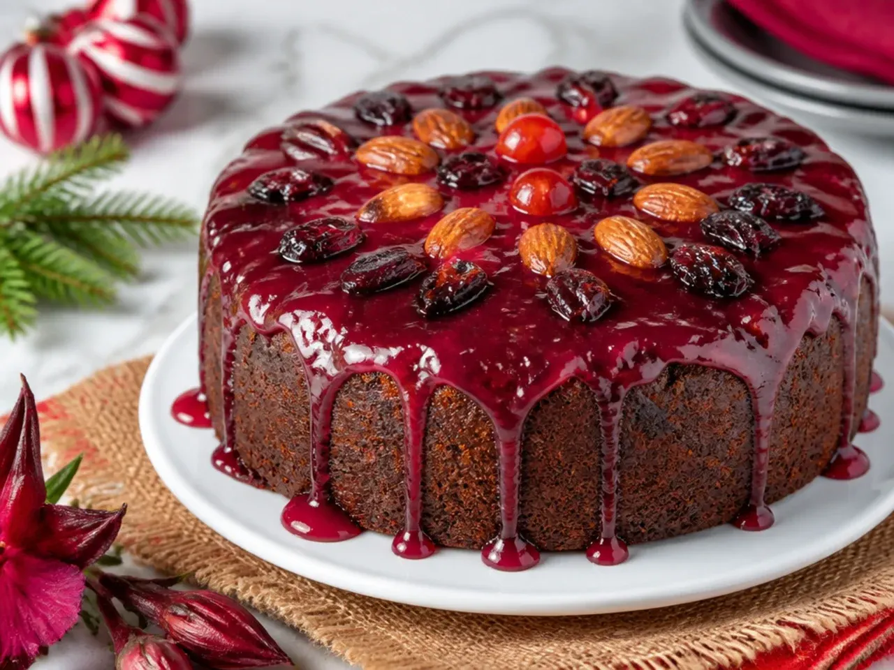 Festive Christmas black cake with ruby sorrel hibiscus glaze