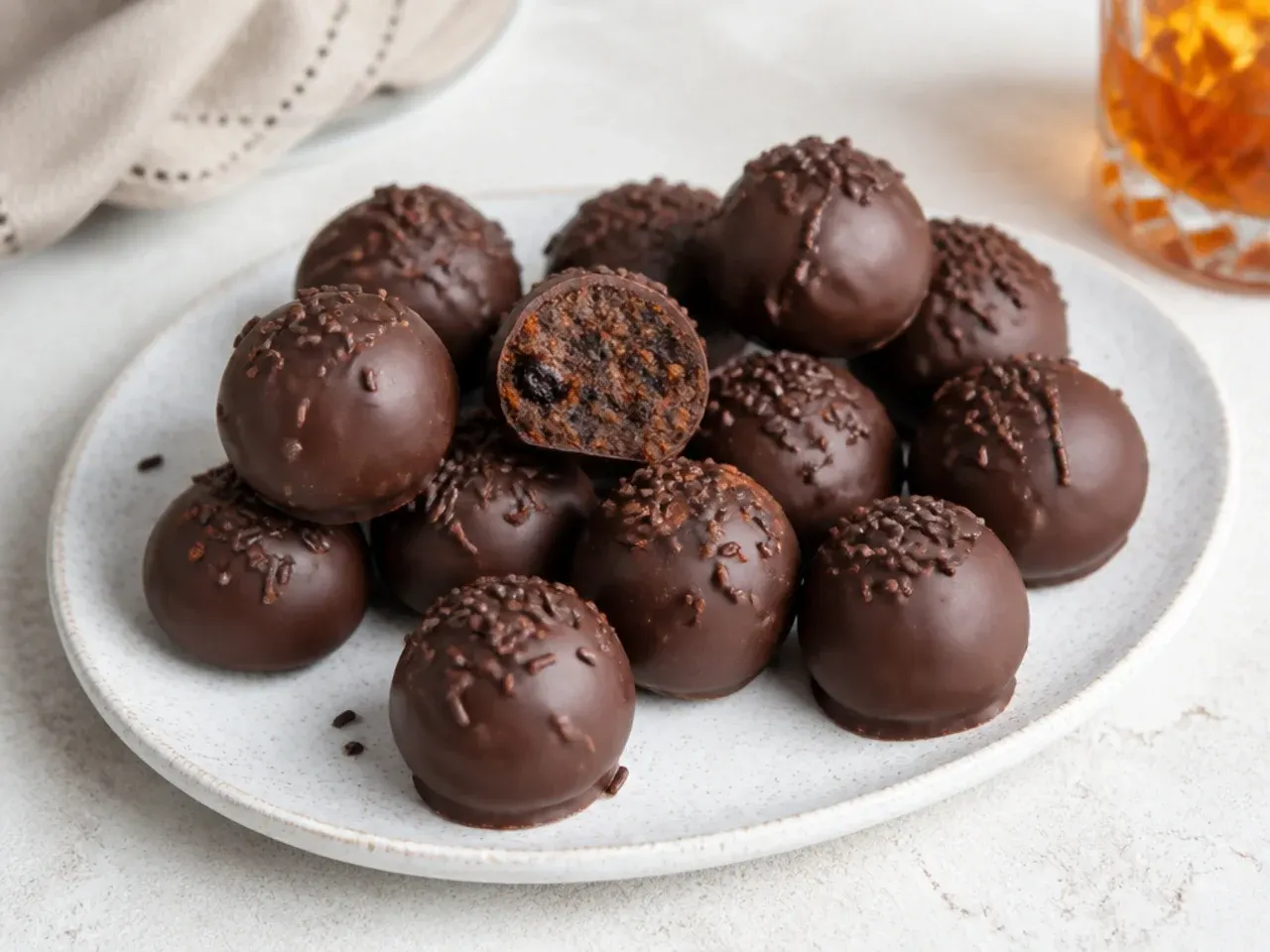 Black cake rum truffles dipped in dark chocolate on a serving plate