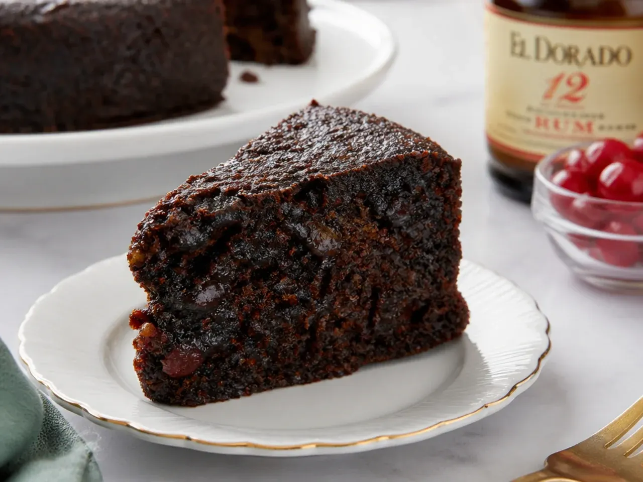Slice of extra-dark Guyanese-style black cake showing dense crumb