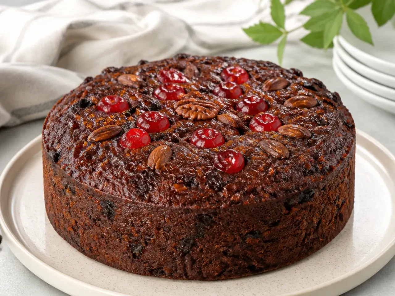 Non-alcoholic Caribbean black cake made with grape juice soaked fruit