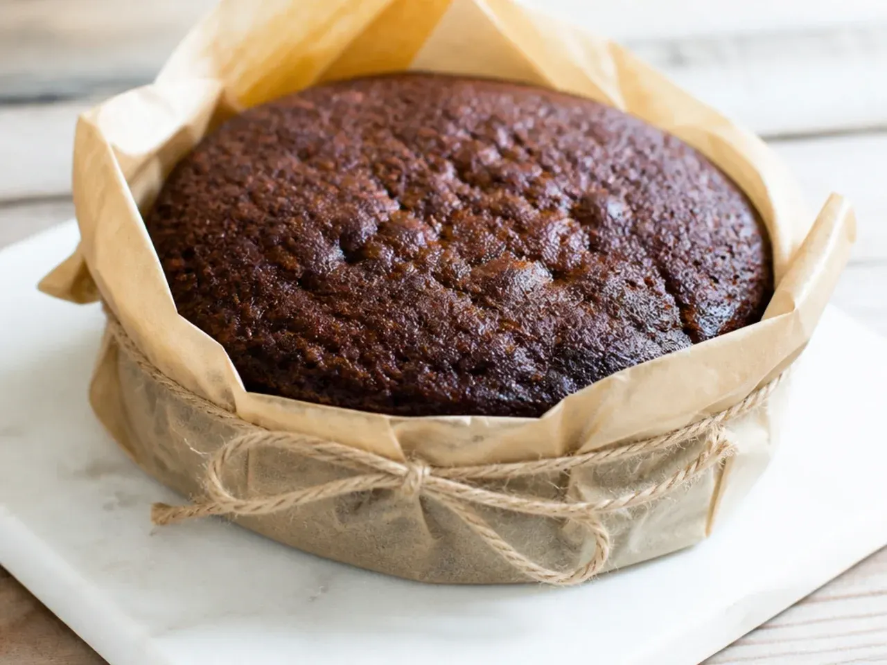Year-aged heirloom black cake wrapped in parchment for rum feeding