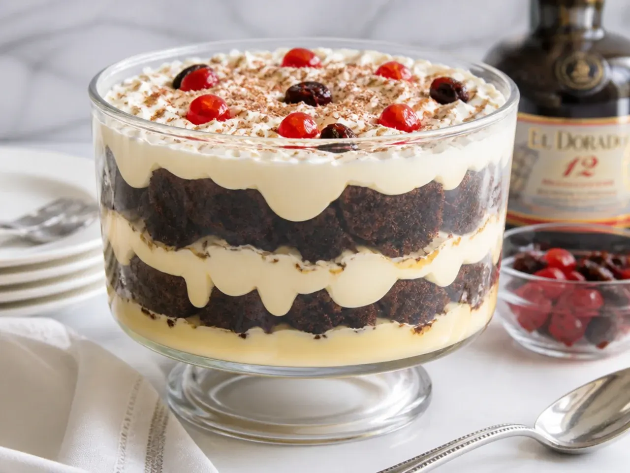 Caribbean black cake trifle layered with ponche de creme custard