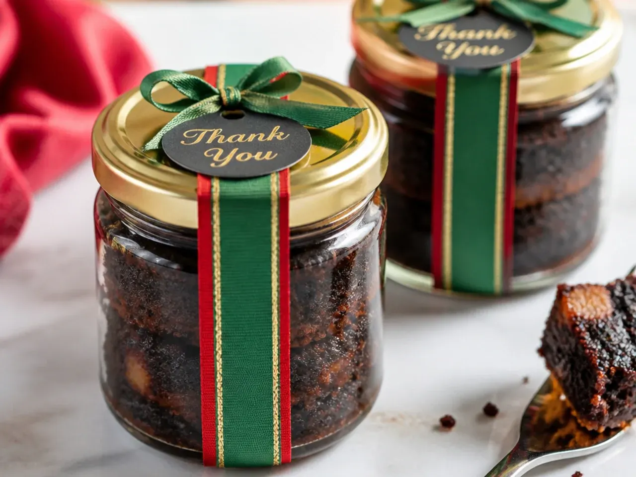 Individual black cake rounds packed in glass jars as party favours