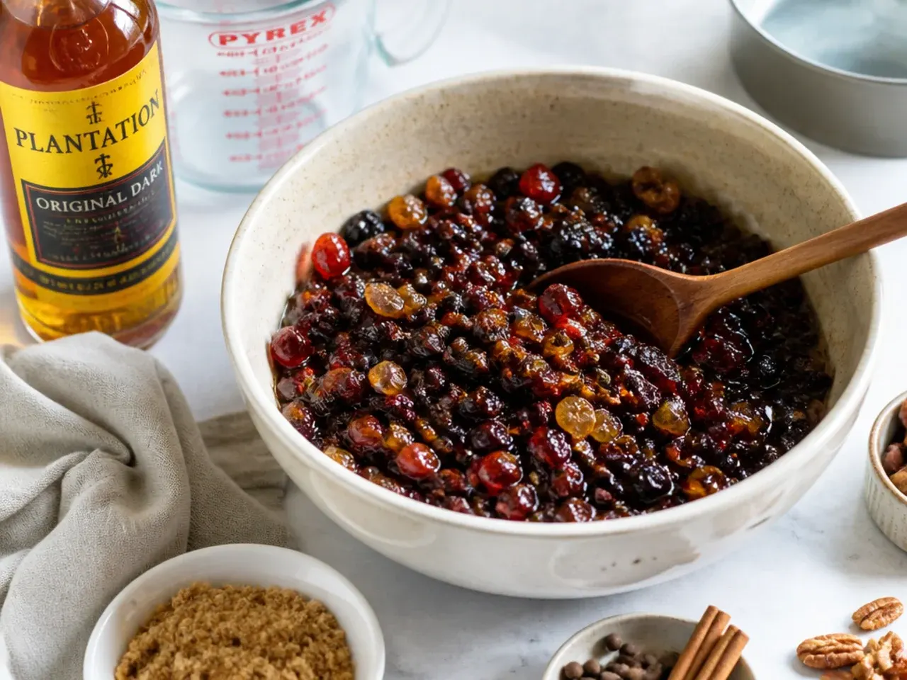 Home baker preparing soaked fruit and ingredients for Caribbean black cake
