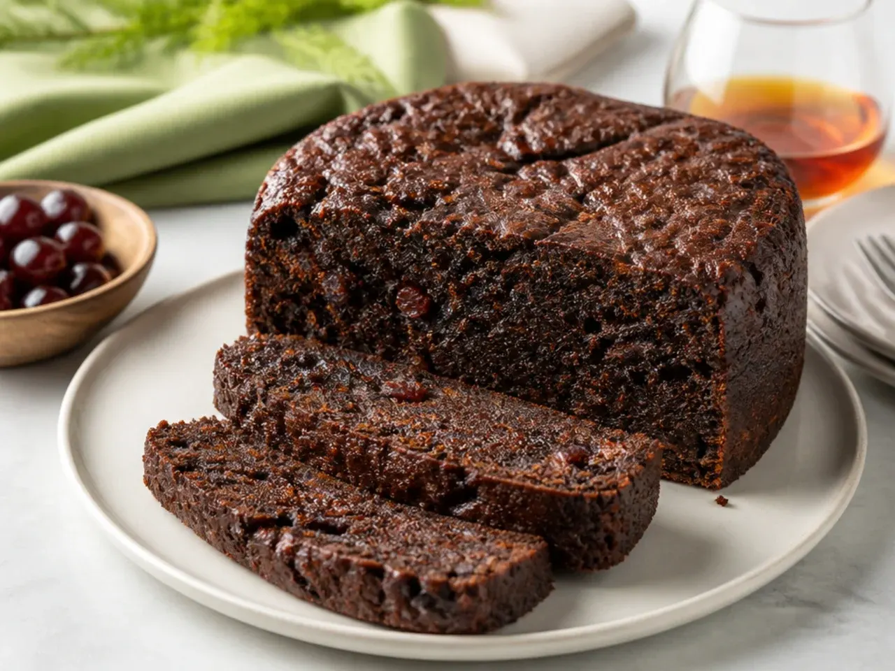 Sliced Caribbean black cake showing a moist, evenly baked dark crumb