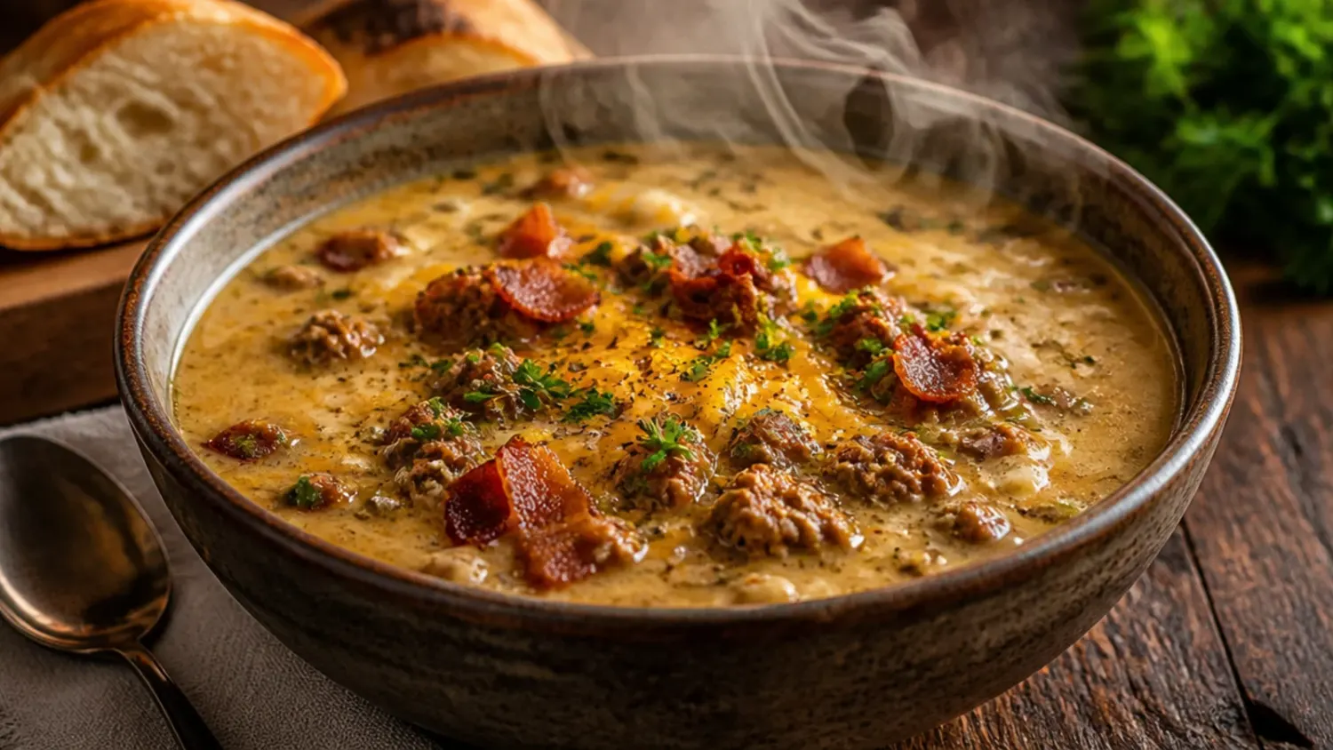 A bowl of creamy carnivore cheeseburger soup topped with crispy bacon bits, melted cheddar and a sprinkle of black pepper