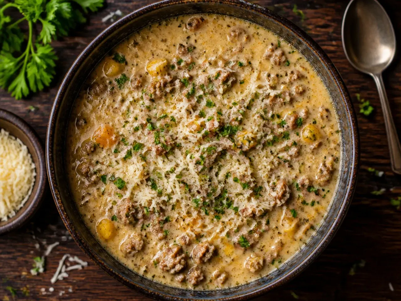 Ground beef being drained in a colander over a pan, excess fat separating from the browned meat