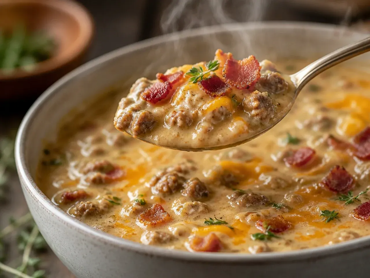 A pot of cheeseburger soup at a gentle simmer with small bubbles just breaking the surface, not a rolling boil