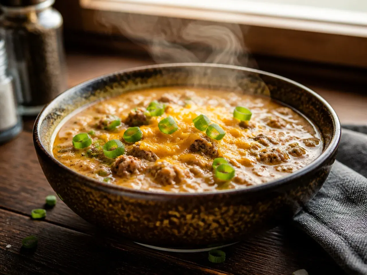 A small dish of flaky sea salt beside a finished pot of cheeseburger soup