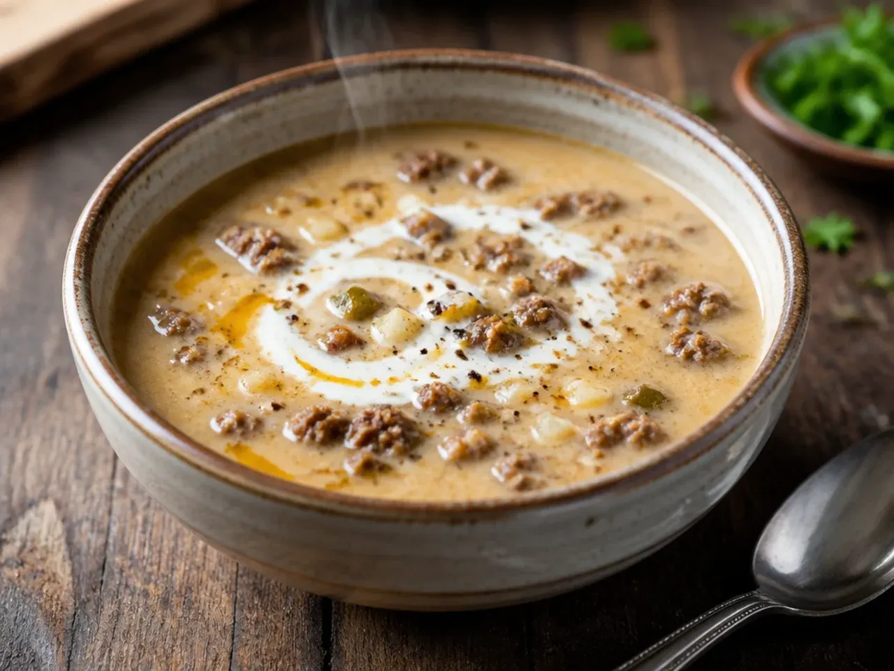Beef broth simmering gently in a pot with browned beef and bacon pieces visible throughout