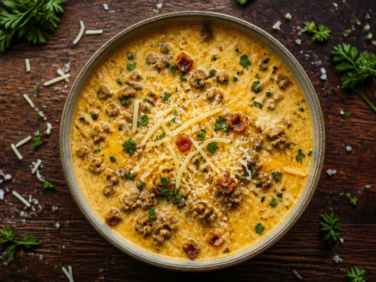 A large heavy-bottomed pot with plenty of headroom above a bubbling cheeseburger soup